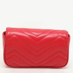 Gucci Red Matelassé Leather Super Mini GG Marmont Shoulder Bag