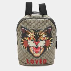 Gucci Beige GG Soft Supreme Canvas Angry Cat Print Backpacks