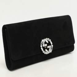 Pre Owned Gucci Black Crystal Embellished Suede Interlocking G Broadway Clutch