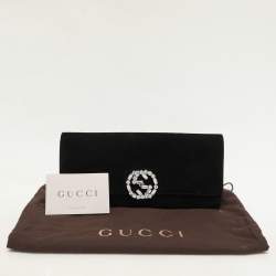 Pre Owned Gucci Black Crystal Embellished Suede Interlocking G Broadway Clutch