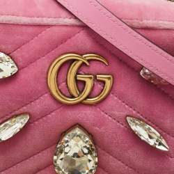 Pre Owned Gucci Pink Matelassé Velvet Mini Faux Diamond GG Marmont Camera Bag