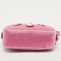 Pre Owned Gucci Pink Matelassé Velvet Mini Faux Diamond GG Marmont Camera Bag