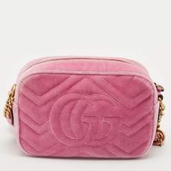 Pre Owned Gucci Pink Matelassé Velvet Mini Faux Diamond GG Marmont Camera Bag