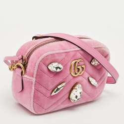Pre Owned Gucci Pink Matelassé Velvet Mini Faux Diamond GG Marmont Camera Bag