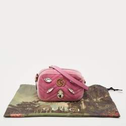Pre Owned Gucci Pink Matelassé Velvet Mini Faux Diamond GG Marmont Camera Bag