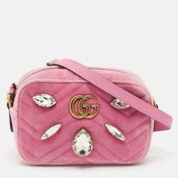 Pre Owned Gucci Pink Matelassé Velvet Mini Faux Diamond GG Marmont Camera Bag