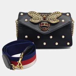 Pre Owned Gucci Black Leather Broadway Metal B Shoulder Bag