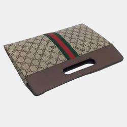 Gucci Beige Brown Canvas and Leather Ophidia handle clutch bag