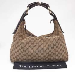 Pre Owned Gucci Beige GG Canvas and Leather Medium Horsebit Shoulder Bag