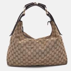 Pre Owned Gucci Beige GG Canvas and Leather Medium Horsebit Shoulder Bag