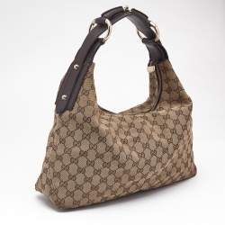 Pre Owned Gucci Beige GG Canvas and Leather Medium Horsebit Shoulder Bag