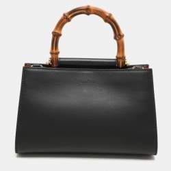 Pre Owned Gucci Black Leather Mini Nymphaea Bamboo Top Handle Bag