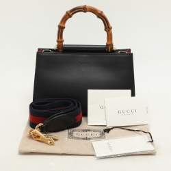 Pre Owned Gucci Black Leather Mini Nymphaea Bamboo Top Handle Bag