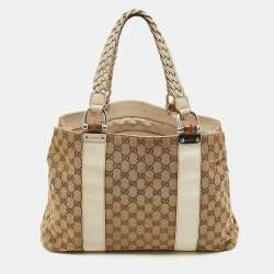 Gucci Off White/beige GG Canvas Medium Bamboo Bar Tote
