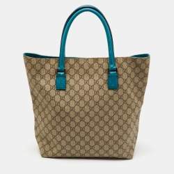 Gucci Beige/Teal Blue GG Supreme Canvas and Leather Vertical Tote
