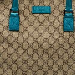 Gucci Beige/Teal Blue GG Supreme Canvas and Leather Vertical Tote