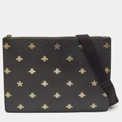 Gucci Black Leather Bee Star Messenger Bag