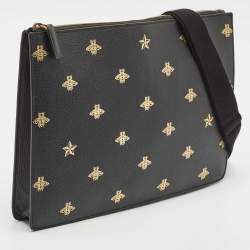 Gucci Black Leather Bee Star Messenger Bag
