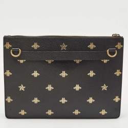 Gucci Black Leather Bee Star Messenger Bag