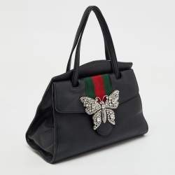 Gucci Black Leather Medium Web Butterfly Embellished Medium Linea Totem Tote