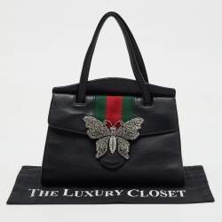 Gucci Black Leather Medium Web Butterfly Embellished Medium Linea Totem Tote