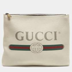 Gucci Off White Leather Logo Print Zip Pouch