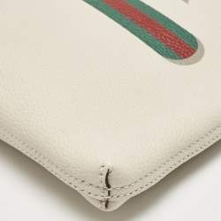 Gucci Off White Leather Logo Print Zip Pouch