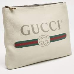 Gucci Off White Leather Logo Print Zip Pouch