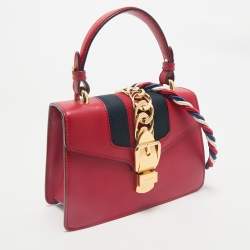 Gucci Red Leather Mini Web Sylvie Top Handle Bag