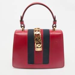 Gucci Red Leather Mini Web Sylvie Top Handle Bag