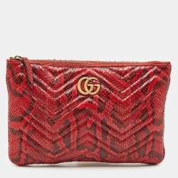 Gucci Red Matelasse Python GG Marmont Zip Pouch 