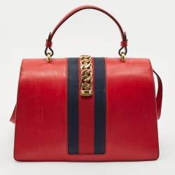Gucci Red Leather Medium Web Sylvie Top Handle Bag