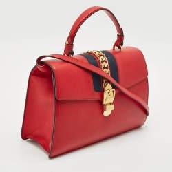 Gucci Red Leather Medium Web Sylvie Top Handle Bag