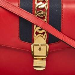 Gucci Red Leather Medium Web Sylvie Top Handle Bag