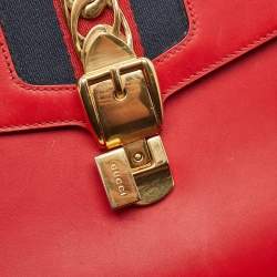 Gucci Red Leather Medium Web Sylvie Top Handle Bag