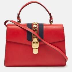Gucci Red Leather Medium Web Sylvie Top Handle Bag