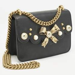 Pre Owned Gucci Black Leather Bow Pearl Embellished Shoulder Bag