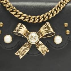 Pre Owned Gucci Black Leather Bow Pearl Embellished Shoulder Bag