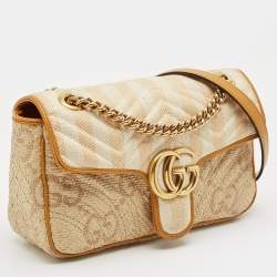 Gucci Mustard/Cream Matelassé Raffia and Leather Small GG Marmont Shoulder Bag