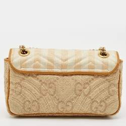 Gucci Mustard/Cream Matelassé Raffia and Leather Small GG Marmont Shoulder Bag