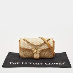 Gucci Mustard/Cream Matelassé Raffia and Leather Small GG Marmont Shoulder Bag