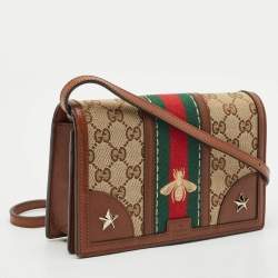 Gucci Brown/Beige Canvas and Leather Bee Web Wallet on Strap