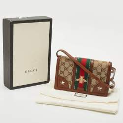 Gucci Brown/Beige Canvas and Leather Bee Web Wallet on Strap
