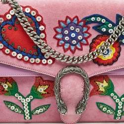Gucci Pink Suede Medium Patched Embellished Dionysus Shoulder Bag