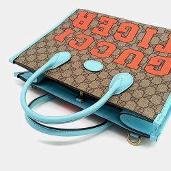 Gucci Beige Blue Coated Canvas Tiger GG Small Tote Bag
