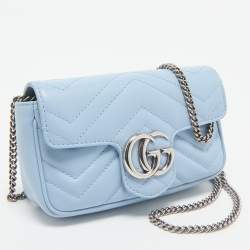 Pre Owned Gucci Light Blue Matelassé Leather Super Mini GG Marmont Shoulder Bag