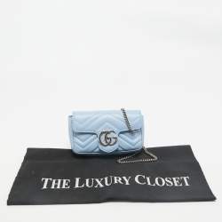 Pre Owned Gucci Light Blue Matelassé Leather Super Mini GG Marmont Shoulder Bag