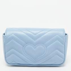Pre Owned Gucci Light Blue Matelassé Leather Super Mini GG Marmont Shoulder Bag