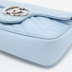 Pre Owned Gucci Light Blue Matelassé Leather Super Mini GG Marmont Shoulder Bag
