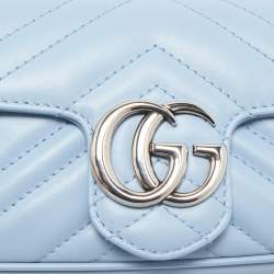 Pre Owned Gucci Light Blue Matelassé Leather Super Mini GG Marmont Shoulder Bag